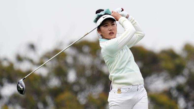 Jun 3, 2021; San Francisco, California, USA; Lucy Li plays her shot from the second tee during the first round of the U.S. Women's Open golf tournament at The Olympic Club. Mandatory Credit: Kyle Terada-USA TODAY Sports