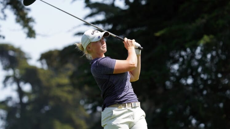 Jun 5, 2021; San Francisco, California, USA; Maja Stark plays her shot from the seventh tee during the third round of the U.S. Women's Open golf tournament at The Olympic Club. Mandatory Credit: Kyle Terada-USA TODAY Sports