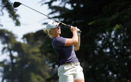 Jun 5, 2021; San Francisco, California, USA; Maja Stark plays her shot from the seventh tee during the third round of the U.S. Women's Open golf tournament at The Olympic Club. Mandatory Credit: Kyle Terada-USA TODAY Sports