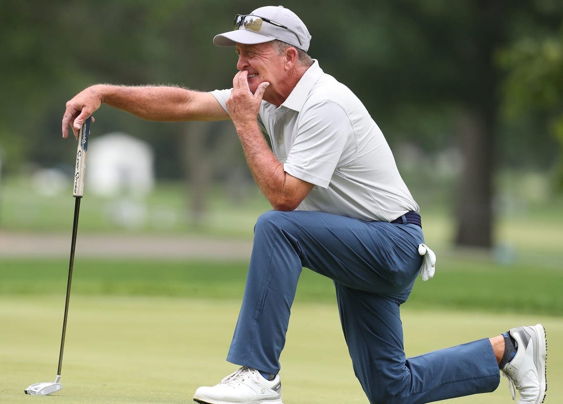 Fred Funk waits to putt on the second green during the second round of the Bridgestone Senior Players Championship at Firestone Country Club on Friday June 25, 2021 in Akron.

Bridge 626 Mc 3