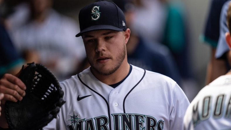 Jun 23, 2021; Seattle, Washington, USA; Seattle Mariners relief pitcher Vinny Nittoli (46) walks through the dugout during a game against the Colorado Rockies at T-Mobile Park. The Rockies won 5-2. Mandatory Credit: Stephen Brashear-USA TODAY Sports