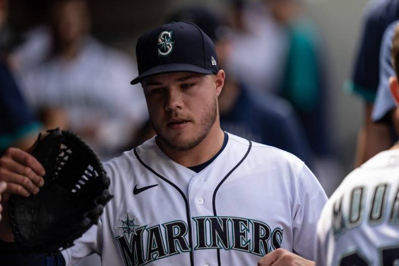 Jun 23, 2021; Seattle, Washington, USA; Seattle Mariners relief pitcher Vinny Nittoli (46) walks through the dugout during a game against the Colorado Rockies at T-Mobile Park. The Rockies won 5-2. Mandatory Credit: Stephen Brashear-USA TODAY Sports