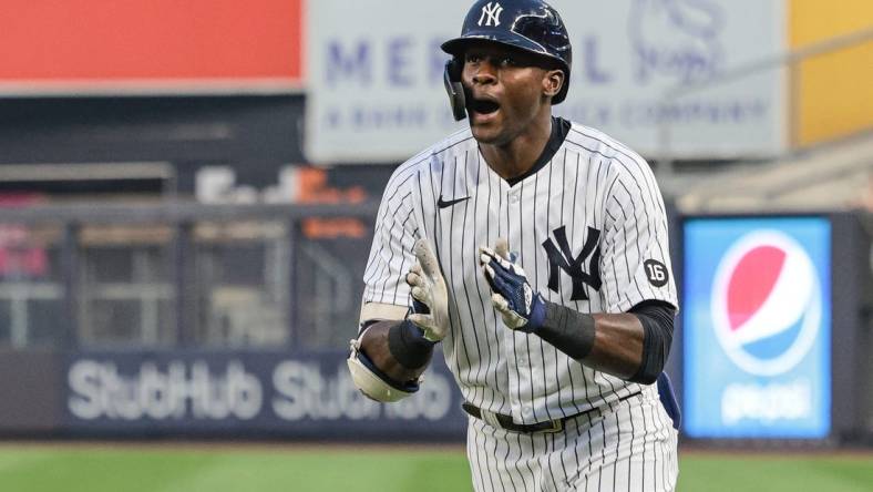 Jul 20, 2021; Bronx, New York, USA; New York Yankees center fielder Estevan Florial (90) reacts after an RBI ground out during the third inning against the Philadelphia Phillies at Yankee Stadium. Mandatory Credit: Vincent Carchietta-USA TODAY Sports