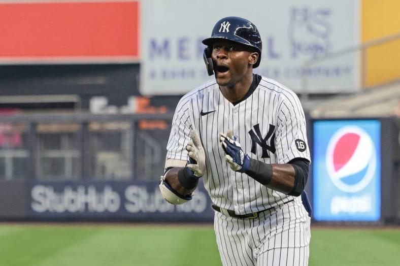 Jul 20, 2021; Bronx, New York, USA; New York Yankees center fielder Estevan Florial (90) reacts after an RBI ground out during the third inning against the Philadelphia Phillies at Yankee Stadium. Mandatory Credit: Vincent Carchietta-USA TODAY Sports