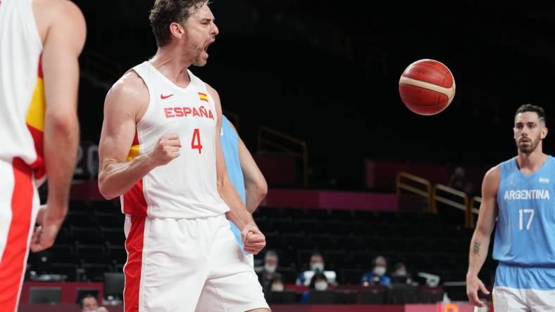 Jul 29, 2021; Saitama, Japan; Team Spain centre Pau Gasol (4) reacts in the third quarter against Argentina during the Tokyo 2020 Olympic Summer Games at Saitama Super Arena. Mandatory Credit: Kareem Elgazzar-USA TODAY Sports