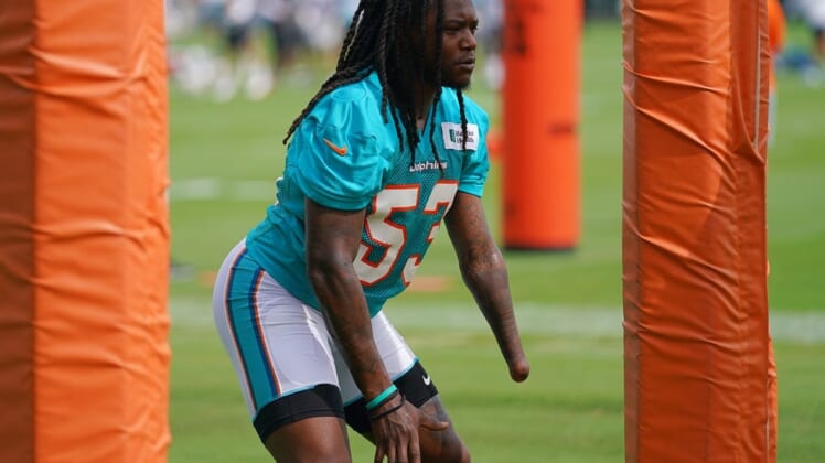 Aug 2, 2021; Miami Gardens, FL, United States; Miami Dolphins linebacker Shaquem Griffin (53) runs a drill during training camp at Baptist Health Training Complex. Mandatory Credit: Jasen Vinlove-USA TODAY Sports