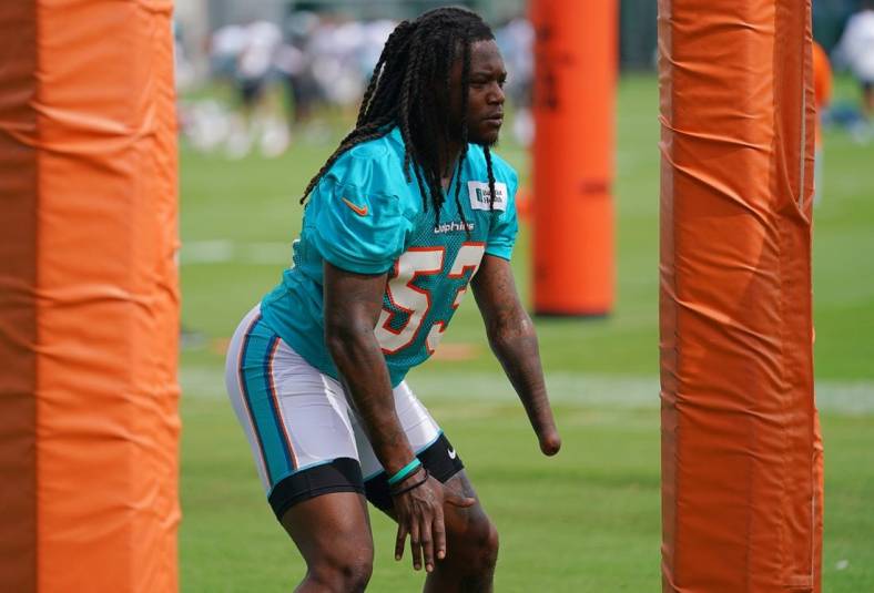 Aug 2, 2021; Miami Gardens, FL, United States; Miami Dolphins linebacker Shaquem Griffin (53) runs a drill during training camp at Baptist Health Training Complex. Mandatory Credit: Jasen Vinlove-USA TODAY Sports