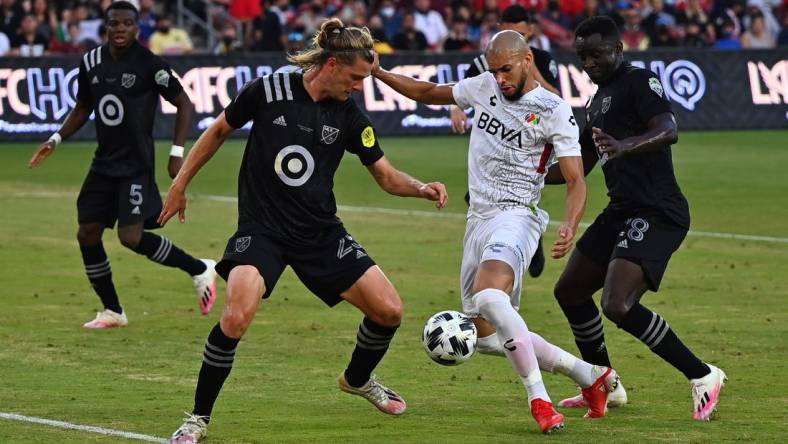 Aug 25, 2021; Los Angeles, CA, USA;   Liga MX All-Stars defender Matheus Doria (2) battles for the ball between MLS All-Stars defender Walker Zimmerman (25) and MLS All-Stars defender Yeimar Gomez (28) during the first half in the 2021 MLS All-Star Game at Banc of California Stadium.  Mandatory Credit: Jayne Kamin-Oncea-USA TODAY Sports