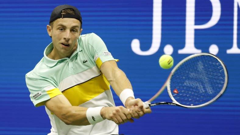 Sep 2, 2021; Flushing, NY, USA;   Tallon Griekspoor of the Netherlands hits a shot against Novak Djokovic of Serbia in a second round match on day four of the 2021 U.S. Open tennis tournament at USTA Billie Jean King National Tennis Center. Mandatory Credit: Jerry Lai-USA TODAY Sports