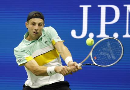 Sep 2, 2021; Flushing, NY, USA;   Tallon Griekspoor of the Netherlands hits a shot against Novak Djokovic of Serbia in a second round match on day four of the 2021 U.S. Open tennis tournament at USTA Billie Jean King National Tennis Center. Mandatory Credit: Jerry Lai-USA TODAY Sports