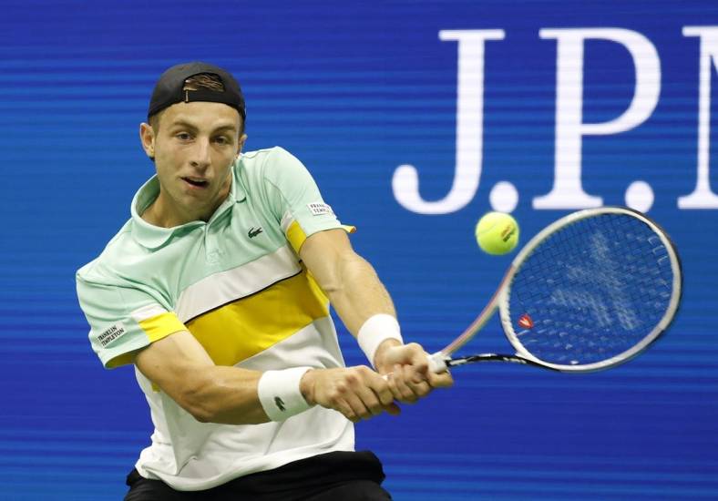 Sep 2, 2021; Flushing, NY, USA;   Tallon Griekspoor of the Netherlands hits a shot against Novak Djokovic of Serbia in a second round match on day four of the 2021 U.S. Open tennis tournament at USTA Billie Jean King National Tennis Center. Mandatory Credit: Jerry Lai-USA TODAY Sports