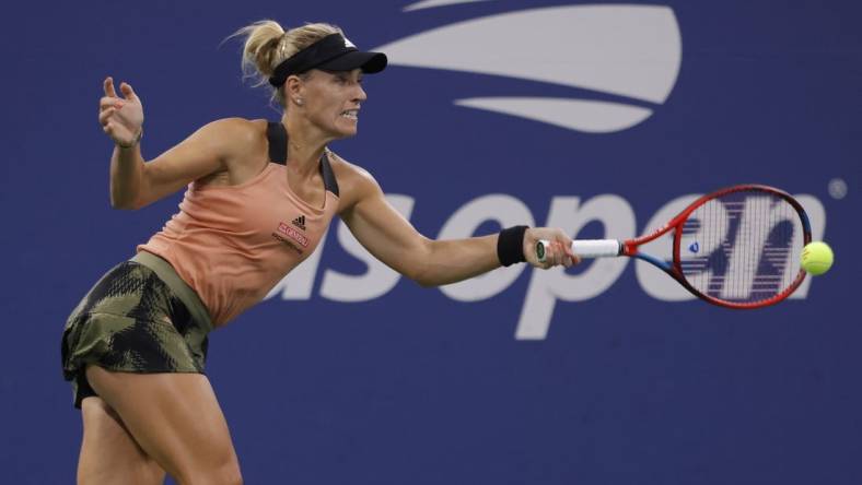 Sep 5, 2021; Flushing, NY, USA; Angelique Kerber of Germany hits a forehand against Leylah Fernandez of Canada (not pictured) on day seven of the 2021 U.S. Open tennis tournament at USTA Billie King National Tennis Center. Mandatory Credit: Geoff Burke-USA TODAY Sports