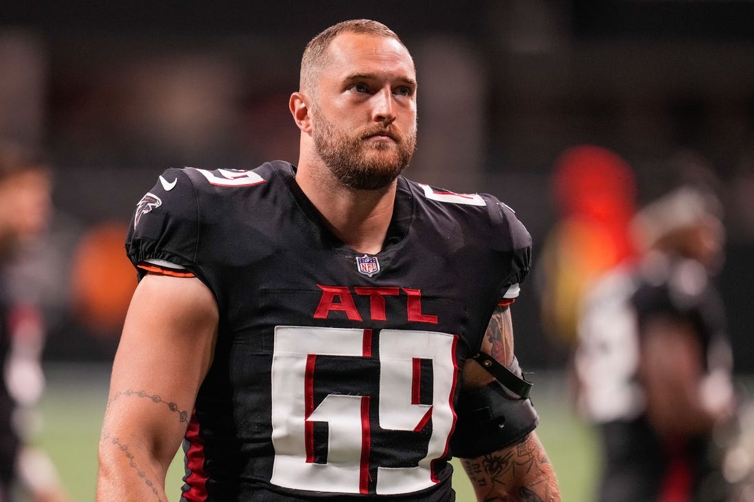 Aug 29, 2021; Atlanta, Georgia, USA; Atlanta Falcons offensive tackle Jason Spriggs (69) on the field at Mercedes-Benz Stadium. Mandatory Credit: Dale Zanine-USA TODAY Sports