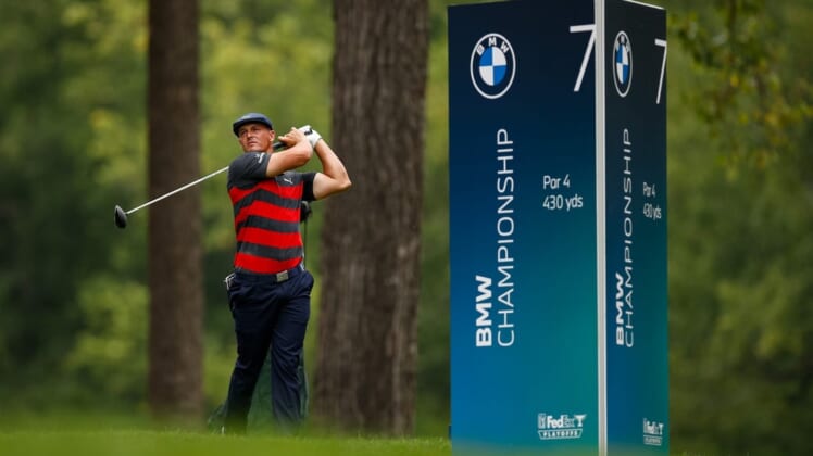 Aug 29, 2021; Owings Mills, Maryland, USA; Bryson DeChambeau plays his shot from the seventh tee during the final round of the BMW Championship golf tournament. Mandatory Credit: Scott Taetsch-USA TODAY Sports