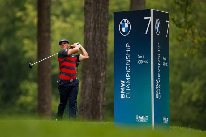 Aug 29, 2021; Owings Mills, Maryland, USA; Bryson DeChambeau plays his shot from the seventh tee during the final round of the BMW Championship golf tournament. Mandatory Credit: Scott Taetsch-USA TODAY Sports
