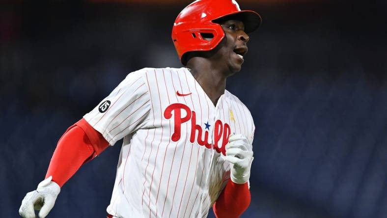 Sep 10, 2021; Philadelphia, Pennsylvania, USA; Philadelphia Phillies shortstop Didi Gregorius (18) reacts after hitting a solo home run in the ninth inning against the Colorado Rockies at Citizens Bank Park. Mandatory Credit: Kyle Ross-USA TODAY Sports