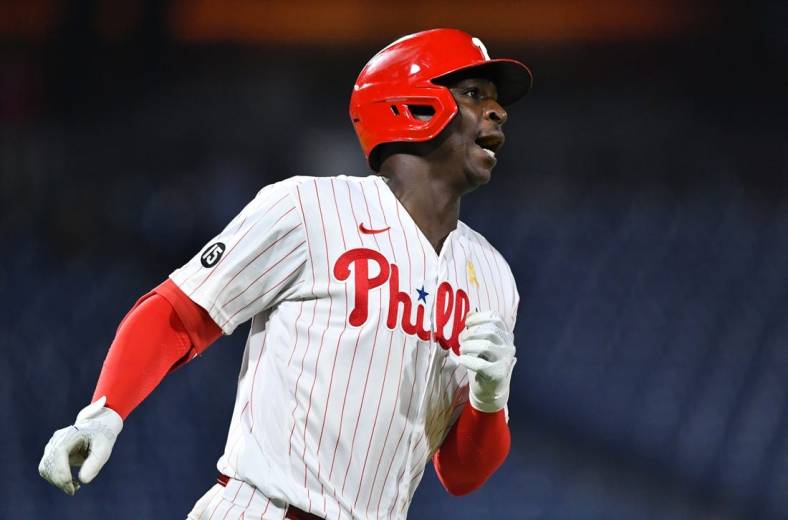 Sep 10, 2021; Philadelphia, Pennsylvania, USA; Philadelphia Phillies shortstop Didi Gregorius (18) reacts after hitting a solo home run in the ninth inning against the Colorado Rockies at Citizens Bank Park. Mandatory Credit: Kyle Ross-USA TODAY Sports