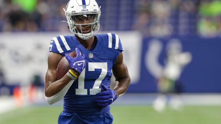 Indianapolis Colts wide receiver Mike Strachan (17) warms up Sunday, Sept. 12, 2021, before the regular season opener against the Seattle Seahawks at Lucas Oil Stadium in Indianapolis.