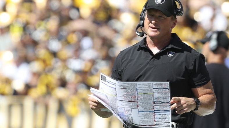Sep 19, 2021; Pittsburgh, Pennsylvania, USA;  Las Vegas Raiders head coach Jon Gruden looks on from the sidelines against the Pittsburgh Steelers during the second quarter at Heinz Field. Las Vegas won 26-17.  Mandatory Credit: Charles LeClaire-USA TODAY Sports