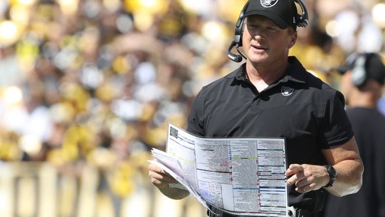 Sep 19, 2021; Pittsburgh, Pennsylvania, USA;  Las Vegas Raiders head coach Jon Gruden looks on from the sidelines against the Pittsburgh Steelers during the second quarter at Heinz Field. Las Vegas won 26-17.  Mandatory Credit: Charles LeClaire-USA TODAY Sports