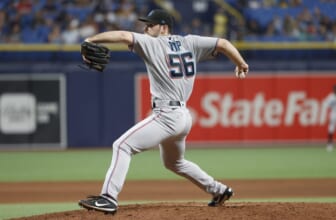 Sep 24, 2021; St. Petersburg, Florida, USA;  Miami Marlins relief pitcher Zach Pop (56) throws a pitch during the seventh inning against the Tampa Bay Rays at Tropicana Field. Mandatory Credit: Kim Klement-USA TODAY Sports