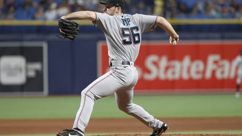 Sep 24, 2021; St. Petersburg, Florida, USA;  Miami Marlins relief pitcher Zach Pop (56) throws a pitch during the seventh inning against the Tampa Bay Rays at Tropicana Field. Mandatory Credit: Kim Klement-USA TODAY Sports