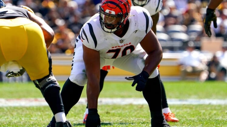 Cincinnati Bengals offensive guard Jackson Carman (79) lines up for a snap in the first quarter during a Week 3 NFL football game against the Pittsburgh Steelers, Sunday, Sept. 26, 2021, at Heinz Field in Pittsburgh.Cincinnati Bengals At Pittsburgh Steelers Sept 26