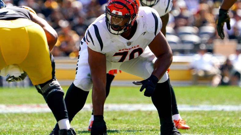 Cincinnati Bengals offensive guard Jackson Carman (79) lines up for a snap in the first quarter during a Week 3 NFL football game against the Pittsburgh Steelers, Sunday, Sept. 26, 2021, at Heinz Field in Pittsburgh.

Cincinnati Bengals At Pittsburgh Steelers Sept 26