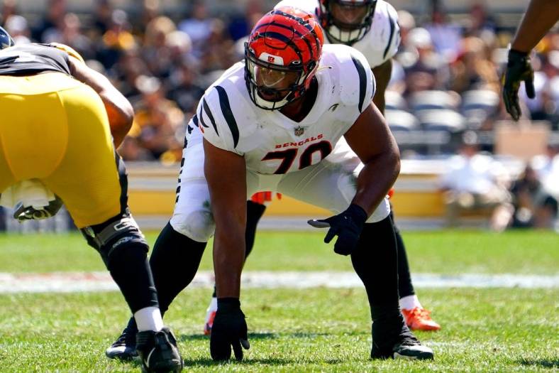 Cincinnati Bengals offensive guard Jackson Carman (79) lines up for a snap in the first quarter during a Week 3 NFL football game against the Pittsburgh Steelers, Sunday, Sept. 26, 2021, at Heinz Field in Pittsburgh.

Cincinnati Bengals At Pittsburgh Steelers Sept 26