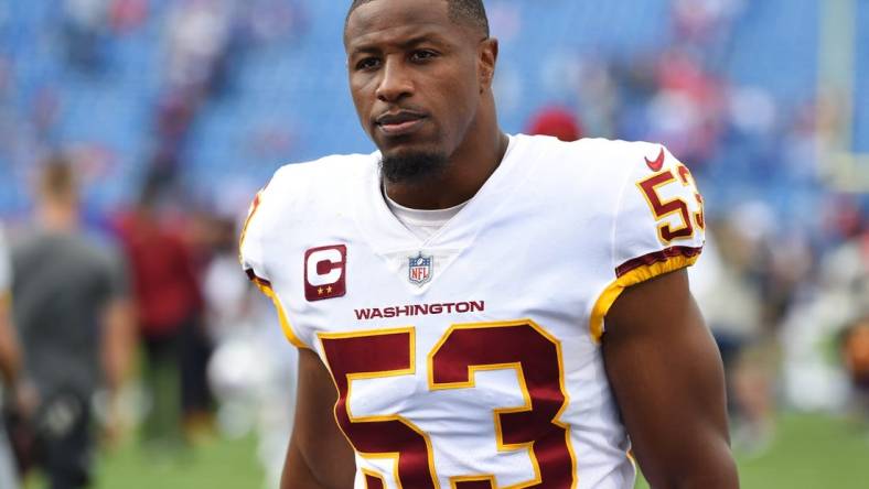 Sep 26, 2021; Orchard Park, New York, USA; Washington Football Team inside linebacker Jon Bostic (53) following the game against the Buffalo Bills at Highmark Stadium. Mandatory Credit: Rich Barnes-USA TODAY Sports