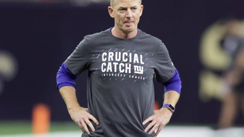 Oct 3, 2021; New Orleans, Louisiana, USA; New York Giants offensive coordinator Jason Garrett looks on before the game against New Orleans Saints at Caesars Superdome. Mandatory Credit: Stephen Lew-USA TODAY Sports