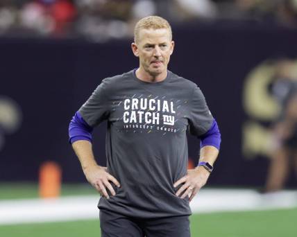 Oct 3, 2021; New Orleans, Louisiana, USA; New York Giants offensive coordinator Jason Garrett looks on before the game against New Orleans Saints at Caesars Superdome. Mandatory Credit: Stephen Lew-USA TODAY Sports