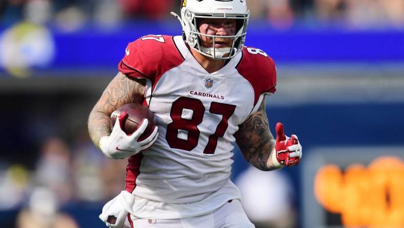 Oct 3, 2021; Inglewood, California, USA; Arizona Cardinals tight end Maxx Williams (87) runs the ball against the Los Angeles Rams during the second half at SoFi Stadium. Mandatory Credit: Gary A. Vasquez-USA TODAY Sports