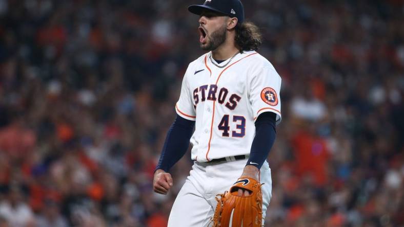 Oct 7, 2021; Houston, Texas, USA; Houston Astros starting pitcher Lance McCullers Jr. (43) celebrates during the fifth inning against the Chicago White Sox in game one of the 2021 ALDS at Minute Maid Park. Mandatory Credit: Troy Taormina-USA TODAY Sports