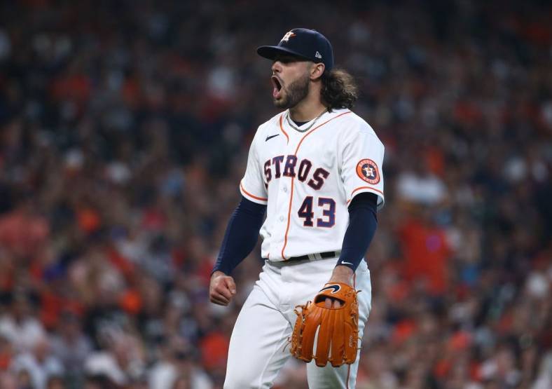 Oct 7, 2021; Houston, Texas, USA; Houston Astros starting pitcher Lance McCullers Jr. (43) celebrates during the fifth inning against the Chicago White Sox in game one of the 2021 ALDS at Minute Maid Park. Mandatory Credit: Troy Taormina-USA TODAY Sports
