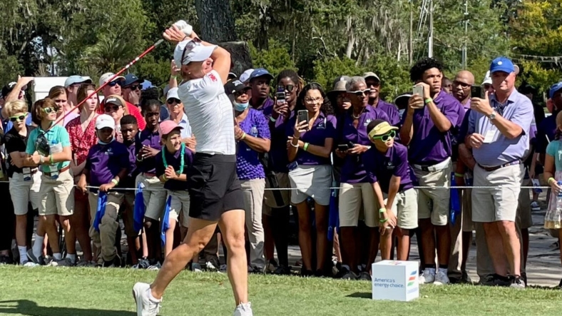 World Golf Hall of Fame member Annika Sorenstam tees off in the Constellation Furyk & Friends Celebrity Challenge for Charity on Saturday at the Timuquana Country Club.Annika