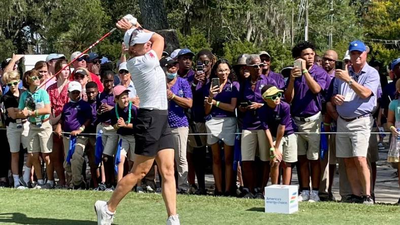 World Golf Hall of Fame member Annika Sorenstam tees off in the Constellation Furyk & Friends Celebrity Challenge for Charity on Saturday at the Timuquana Country Club.

Annika