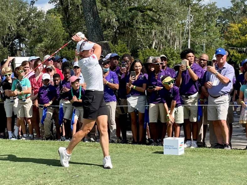 World Golf Hall of Fame member Annika Sorenstam tees off in the Constellation Furyk & Friends Celebrity Challenge for Charity on Saturday at the Timuquana Country Club.

Annika
