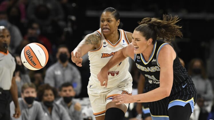 Oct 17, 2021; Chicago, Illinois, USA; Phoenix Mercury center Kia Vaughn (1) and Chicago Sky center Stefanie Dolson (31) during the first half of game four of the 2021 WNBA Finals at Wintrust Arena. Mandatory Credit: Matt Marton-USA TODAY Sports