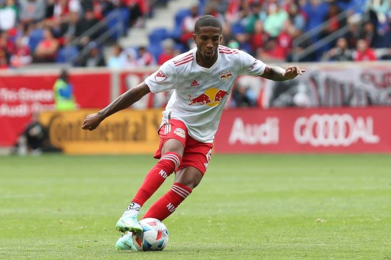Oct 17, 2021; Harrison, New Jersey, USA; New York Red Bulls defender Kyle Duncan (6) moves the ball during the firs half against New York City FC at Red Bull Arena. Mandatory Credit: Tom Horak-USA TODAY Sports