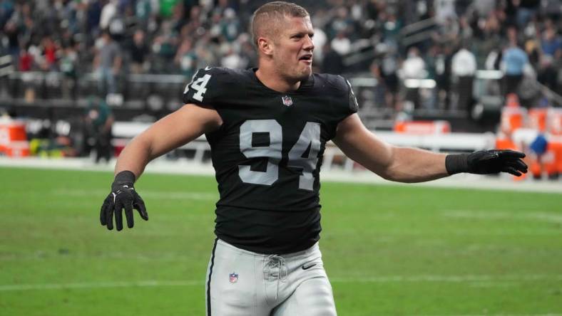 Oct 24, 2021; Paradise, Nevada, USA; Las Vegas Raiders defensive end Carl Nassib (94) reacts after the game against the Philadelphia Eagles Allegiant Stadium. The Raiders defeated the Eagles 33-22. Mandatory Credit: Kirby Lee-USA TODAY Sports