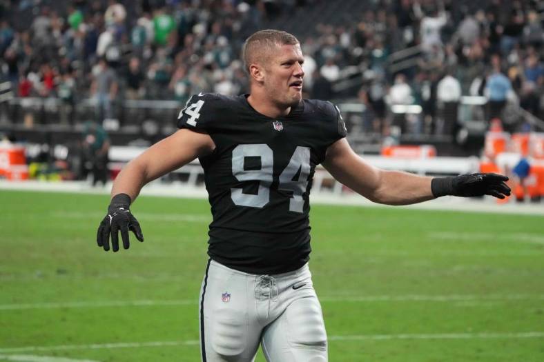 Oct 24, 2021; Paradise, Nevada, USA; Las Vegas Raiders defensive end Carl Nassib (94) reacts after the game against the Philadelphia Eagles Allegiant Stadium. The Raiders defeated the Eagles 33-22. Mandatory Credit: Kirby Lee-USA TODAY Sports