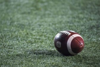 Oct 22, 2021; Montreal, Quebec, CAN; view of a CFL game ball on the field before the first quarter during a Canadian Football League game at Molson Stadium. Mandatory Credit: David Kirouac-USA TODAY Sports