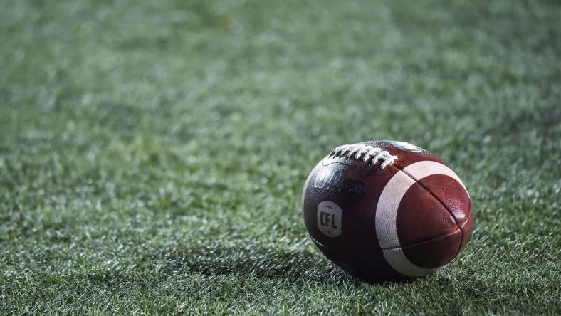 Oct 22, 2021; Montreal, Quebec, CAN; view of a CFL game ball on the field before the first quarter during a Canadian Football League game at Molson Stadium. Mandatory Credit: David Kirouac-USA TODAY Sports