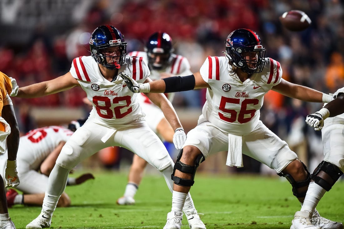 Oct 16, 2021; Knoxville, Tennessee, USA; Mississippi Rebels tight end Luke Knox (82) and offensive lineman Reece McIntyre (56) blocking during the second half against the Tennessee Volunteers at Neyland Stadium. Mandatory Credit: Bryan Lynn-USA TODAY Sports