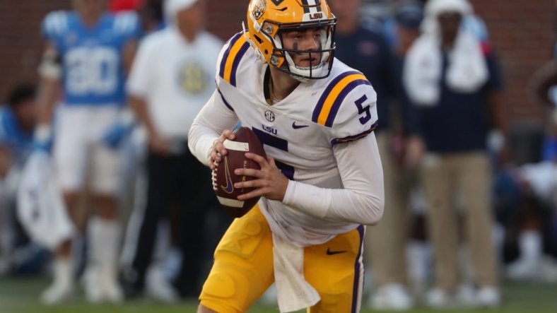 Oct 23, 2021; Oxford, Mississippi, USA; LSU Tigers quarterback Garrett Nussmeier (5) during the second half against the Mississippi Rebels at Vaught-Hemingway Stadium. Mandatory Credit: Petre Thomas-USA TODAY Sports