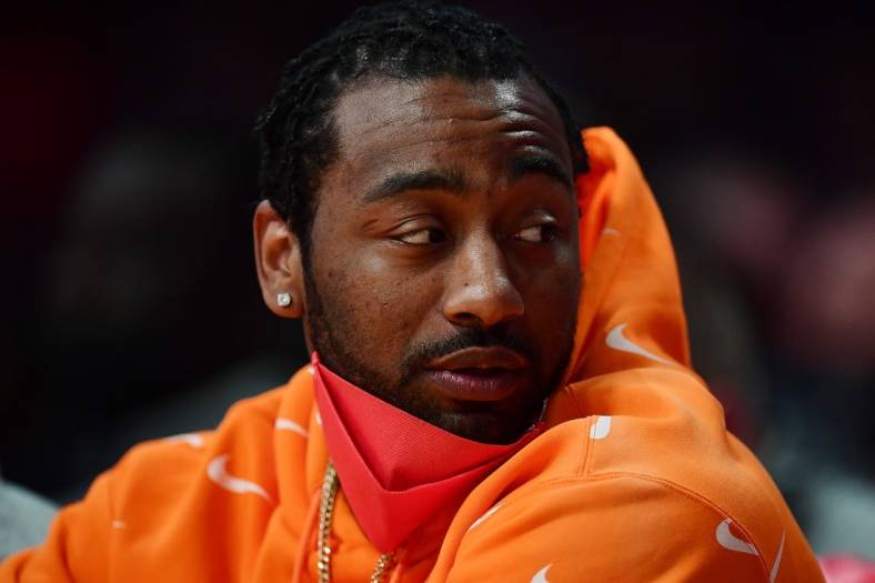 Nov 2, 2021; Los Angeles, California, USA; Houston Rockets guard John Wall (1) watches game action against the Los Angeles Lakers during the second half at Staples Center. Mandatory Credit: Gary A. Vasquez-USA TODAY Sports