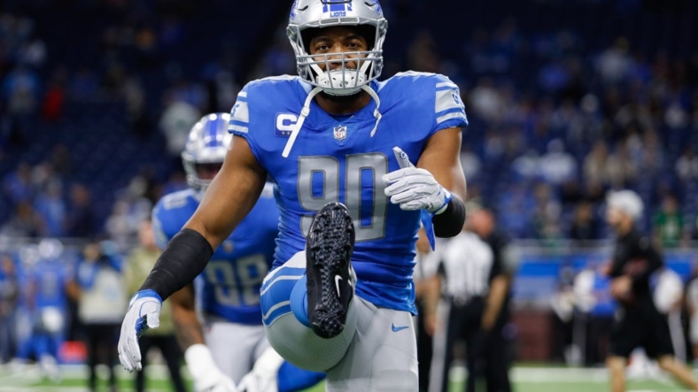 Oct 31, 2021; Detroit, Michigan, USA; Detroit Lions outside linebacker Trey Flowers (90) warms up before the game against the Philadelphia Eagles at Ford Field. Mandatory Credit: Raj Mehta-USA TODAY Sports