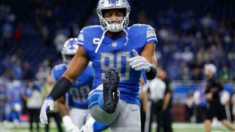 Oct 31, 2021; Detroit, Michigan, USA; Detroit Lions outside linebacker Trey Flowers (90) warms up before the game against the Philadelphia Eagles at Ford Field. Mandatory Credit: Raj Mehta-USA TODAY Sports