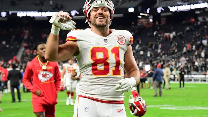 Nov 14, 2021; Paradise, Nevada, USA; Kansas City Chiefs tight end Blake Bell (81) celebrates the victory against the Las Vegas Raiders at Allegiant Stadium. Mandatory Credit: Gary A. Vasquez-USA TODAY Sports